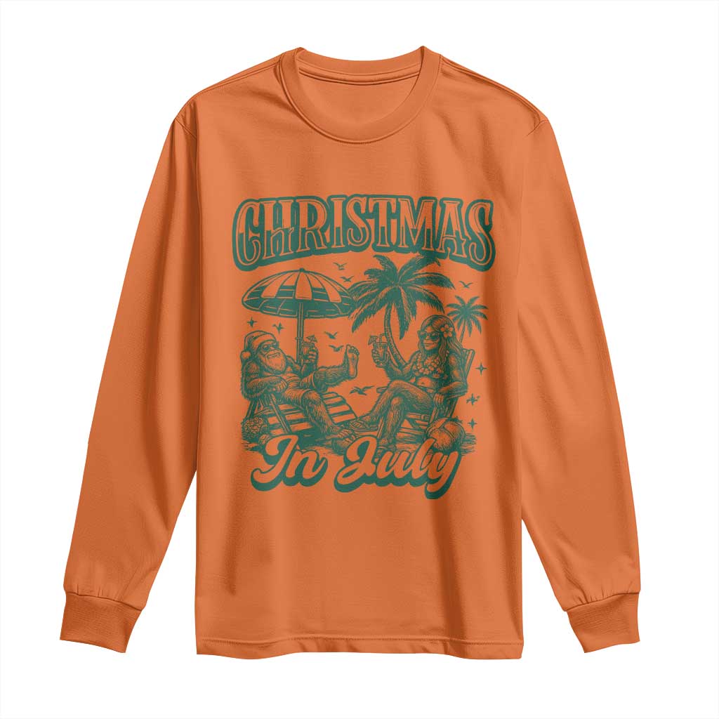 Vintage Summer Christmas Bigfoot Couple Long Sleeve Shirt Tropical Xmas Graphic