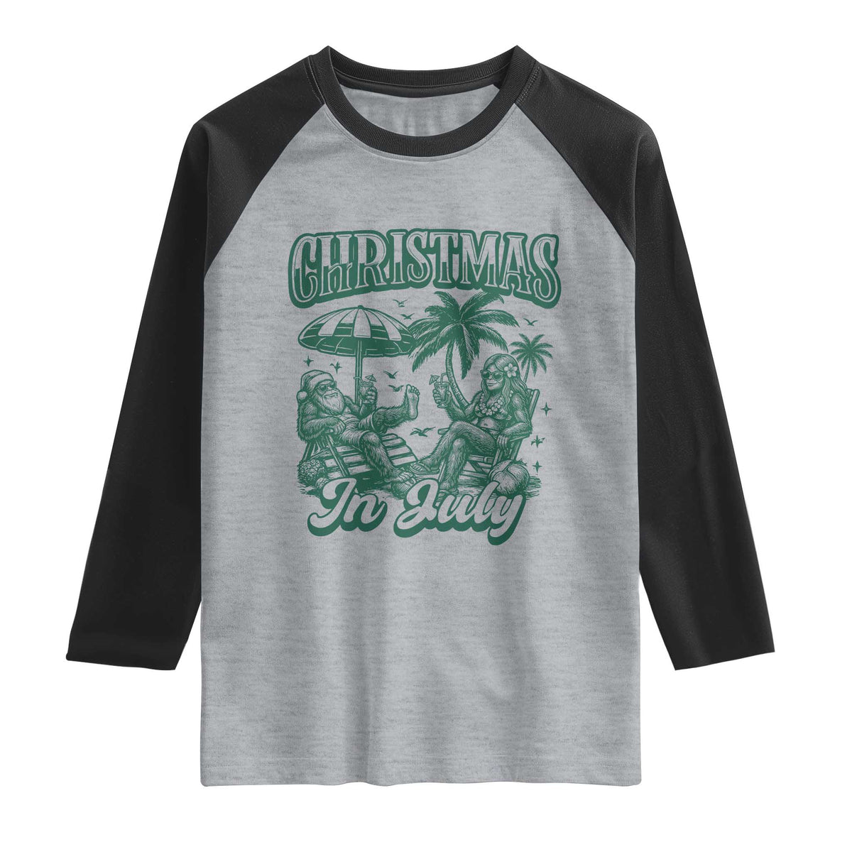 Vintage Summer Christmas Bigfoot Couple Raglan Shirt Tropical Xmas Graphic