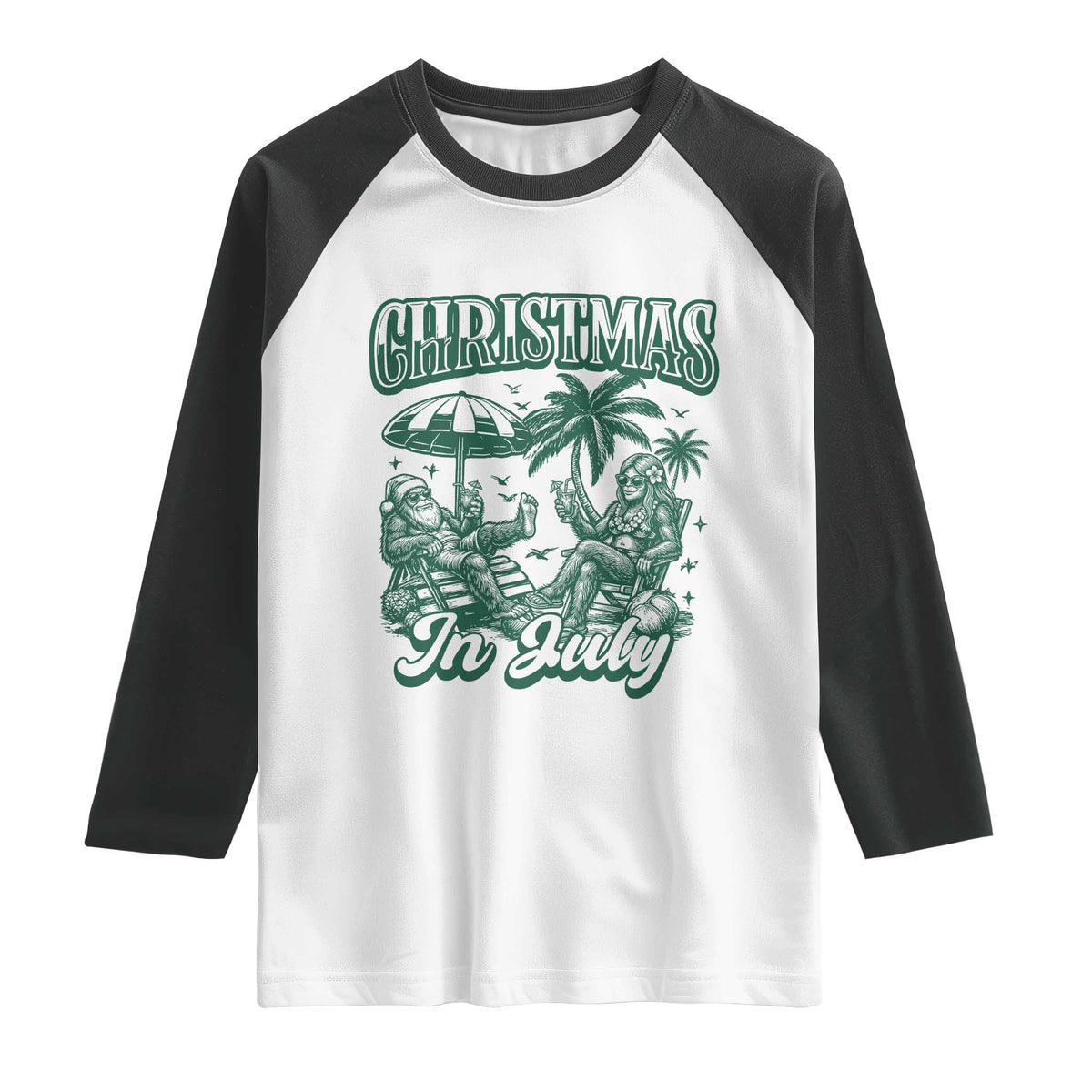 Vintage Summer Christmas Bigfoot Couple Raglan Shirt Tropical Xmas Graphic