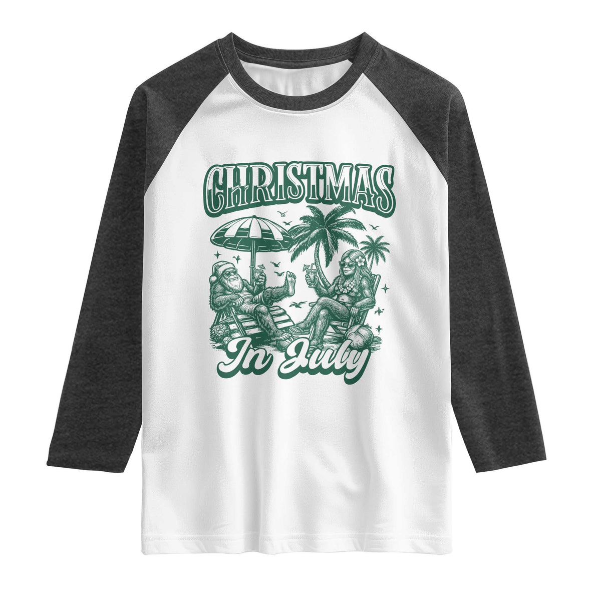 Vintage Summer Christmas Bigfoot Couple Raglan Shirt Tropical Xmas Graphic