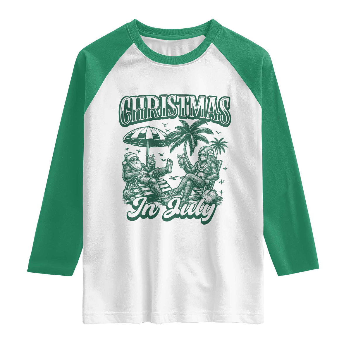 Vintage Summer Christmas Bigfoot Couple Raglan Shirt Tropical Xmas Graphic
