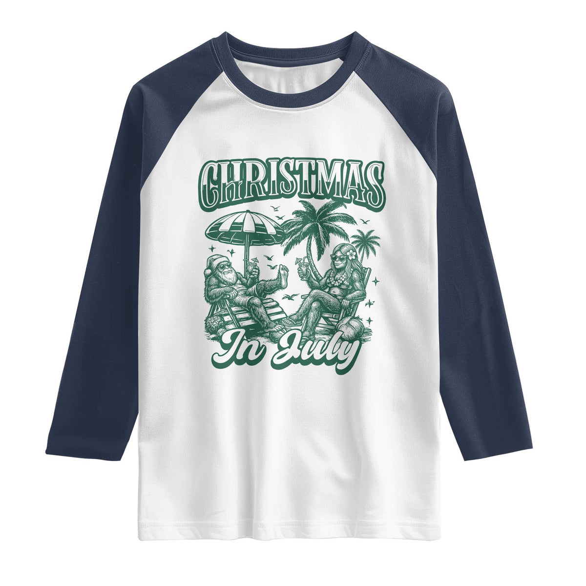 Vintage Summer Christmas Bigfoot Couple Raglan Shirt Tropical Xmas Graphic