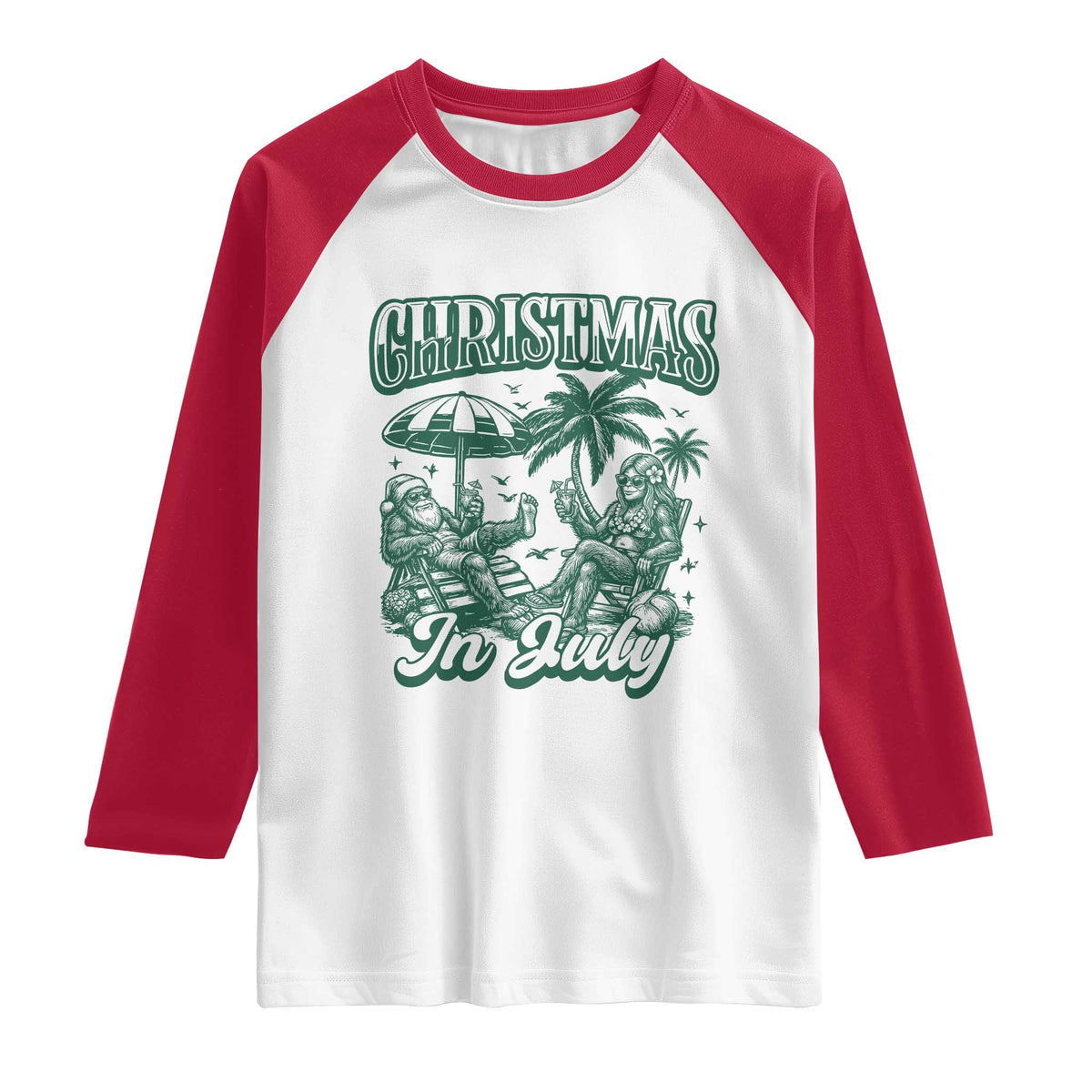 Vintage Summer Christmas Bigfoot Couple Raglan Shirt Tropical Xmas Graphic