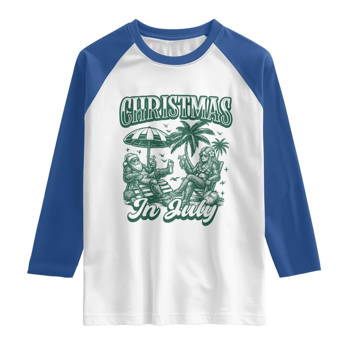 Vintage Summer Christmas Bigfoot Couple Raglan Shirt Tropical Xmas Graphic