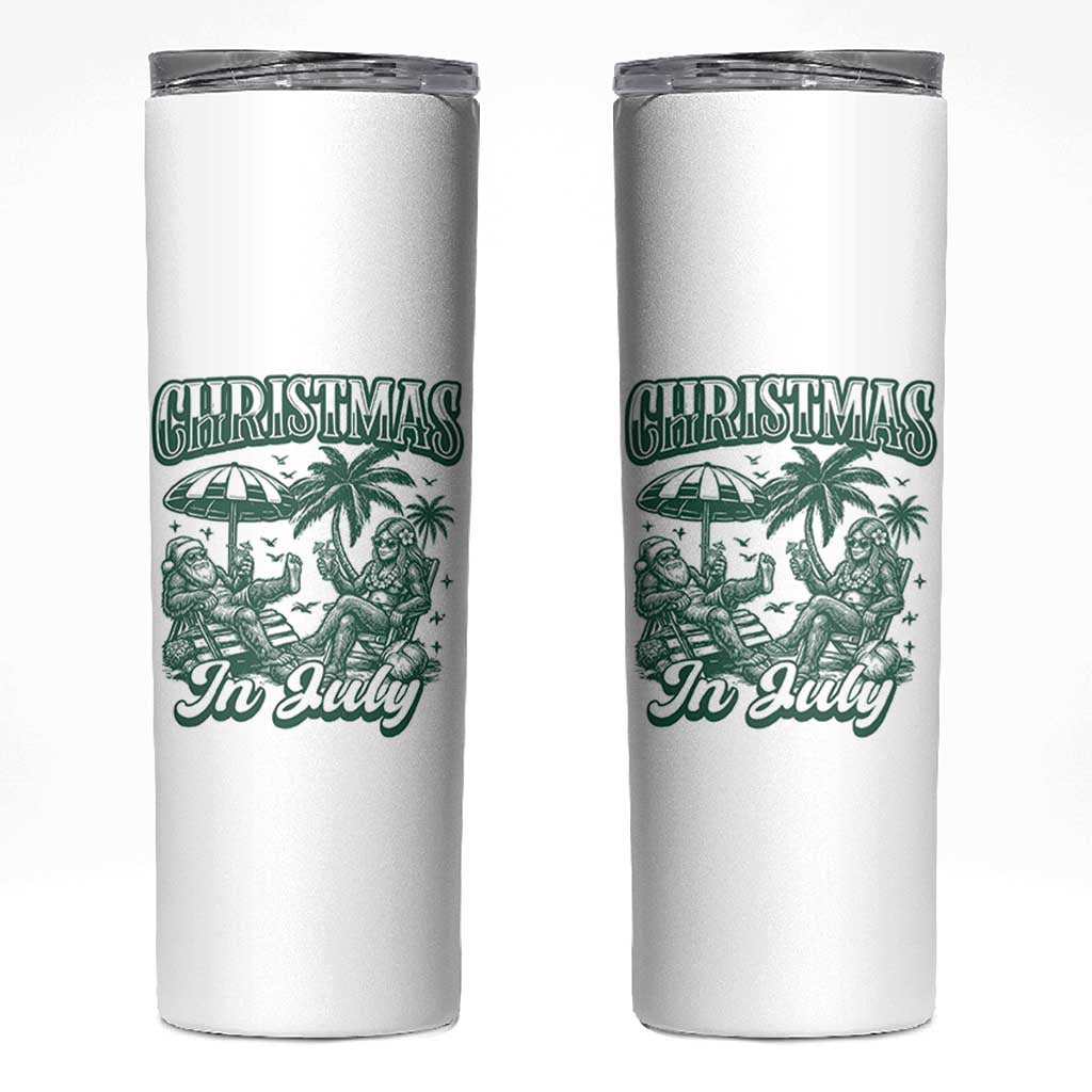Vintage Summer Christmas Bigfoot Couple Skinny Tumbler Tropical Xmas Graphic