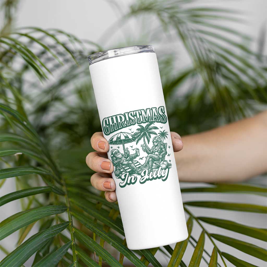 Vintage Summer Christmas Bigfoot Couple Skinny Tumbler Tropical Xmas Graphic