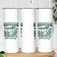 Vintage Summer Christmas Bigfoot Couple Skinny Tumbler Tropical Xmas Graphic