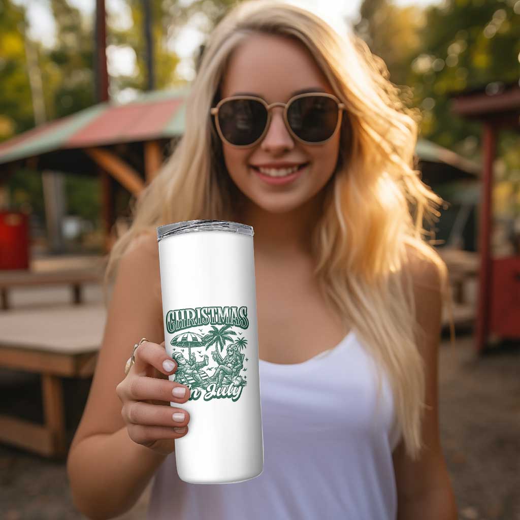 Vintage Summer Christmas Bigfoot Couple Skinny Tumbler Tropical Xmas Graphic