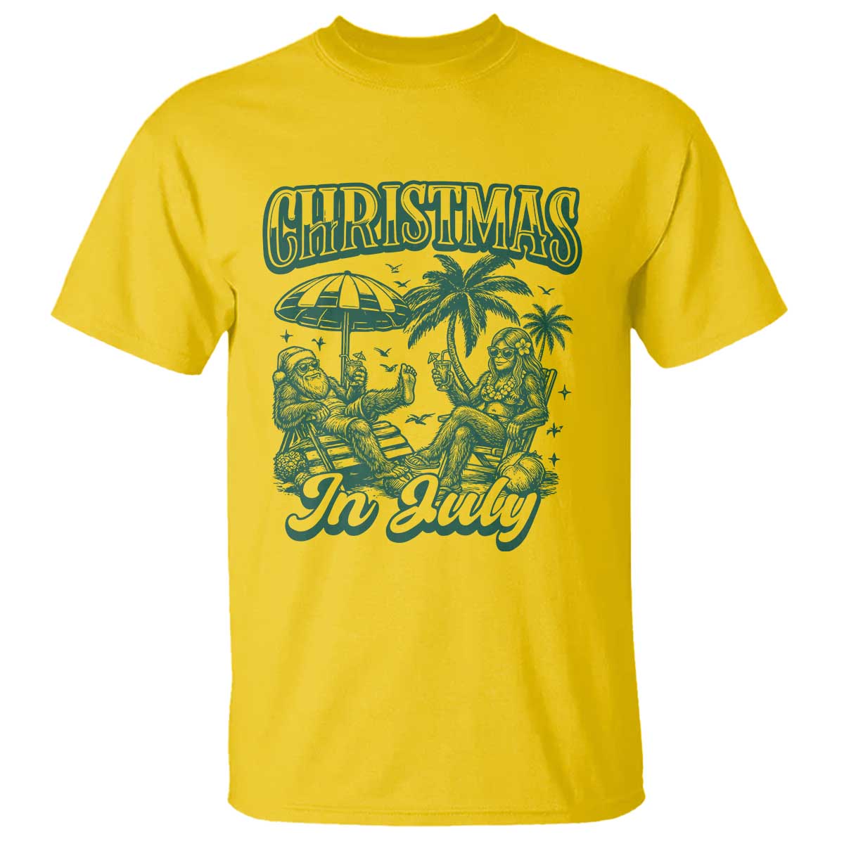 Vintage Summer Christmas Bigfoot Couple T Shirt Tropical Xmas Graphic
