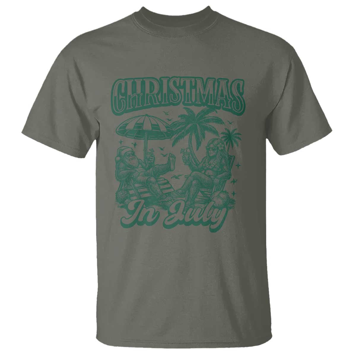 Vintage Summer Christmas Bigfoot Couple T Shirt Tropical Xmas Graphic