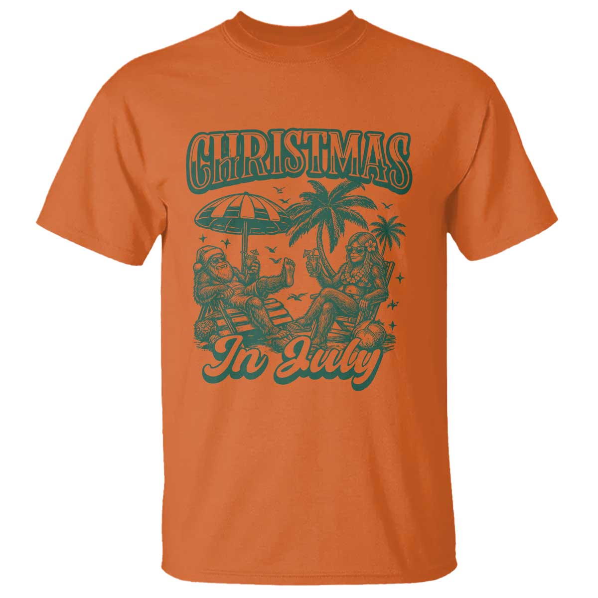 Vintage Summer Christmas Bigfoot Couple T Shirt Tropical Xmas Graphic