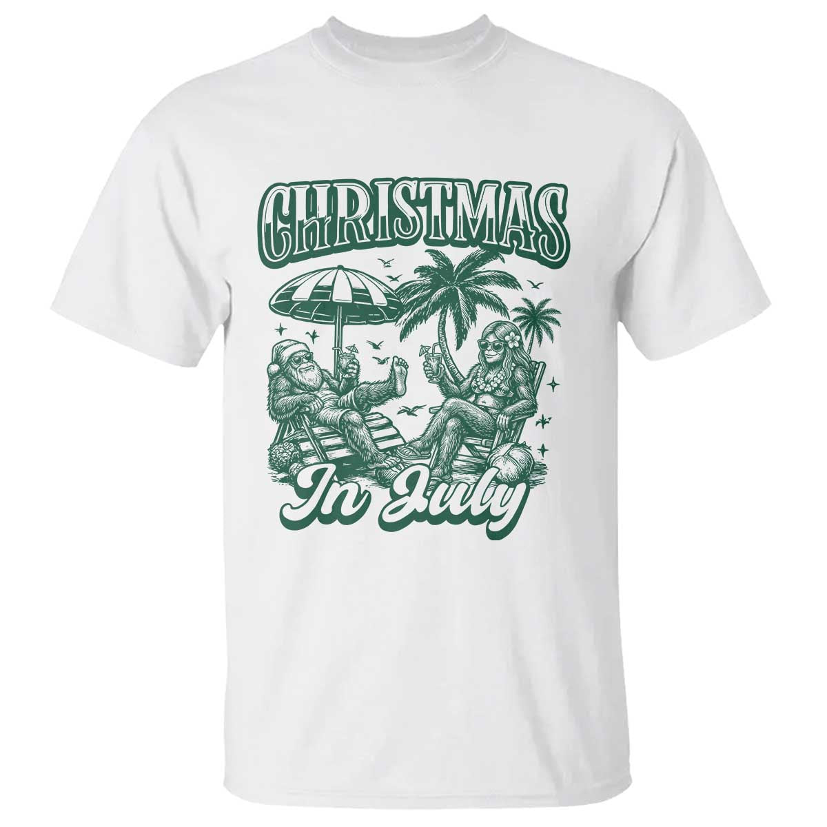Vintage Summer Christmas Bigfoot Couple T Shirt Tropical Xmas Graphic