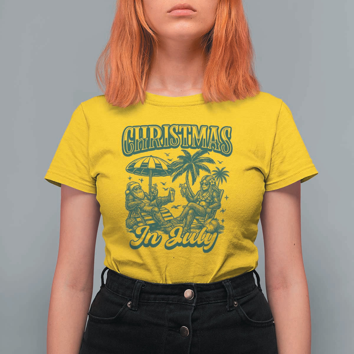 Vintage Summer Christmas Bigfoot Couple T Shirt For Women Tropical Xmas Graphic