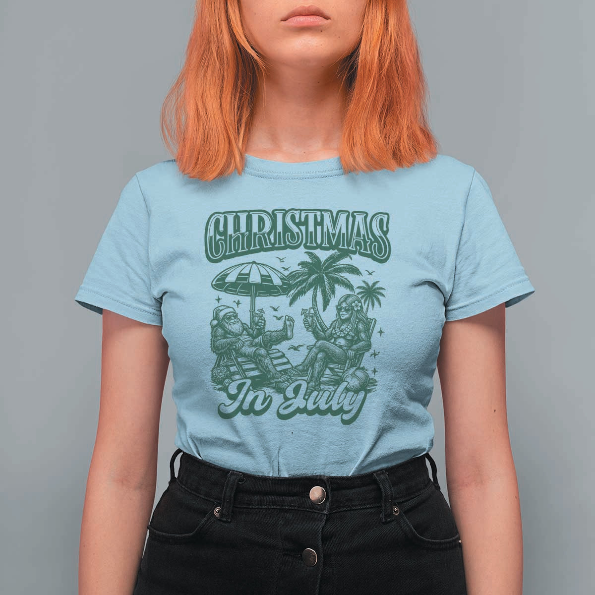Vintage Summer Christmas Bigfoot Couple T Shirt For Women Tropical Xmas Graphic