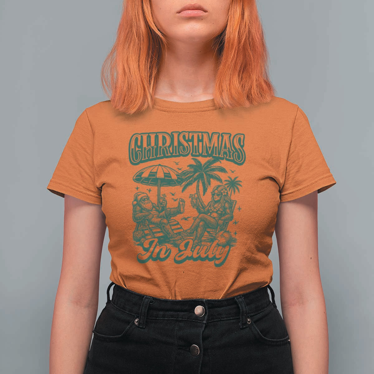 Vintage Summer Christmas Bigfoot Couple T Shirt For Women Tropical Xmas Graphic