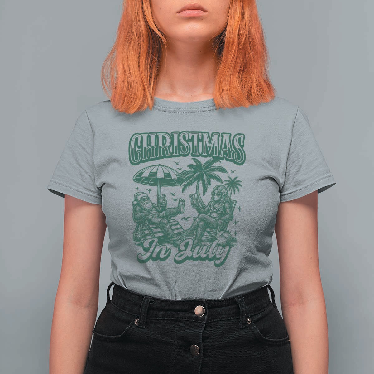 Vintage Summer Christmas Bigfoot Couple T Shirt For Women Tropical Xmas Graphic