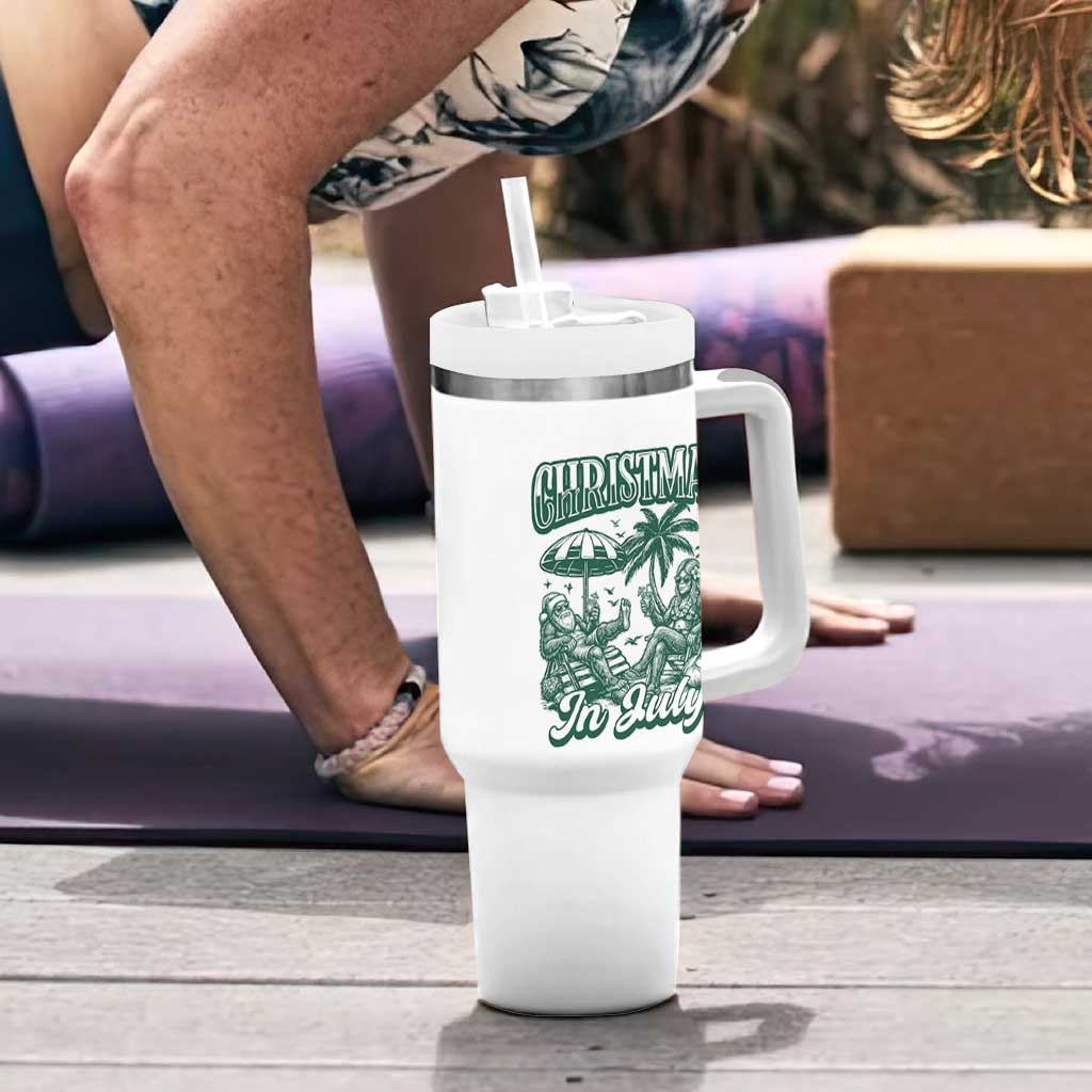 Vintage Summer Christmas Bigfoot Couple Tumbler With Handle Tropical Xmas Graphic