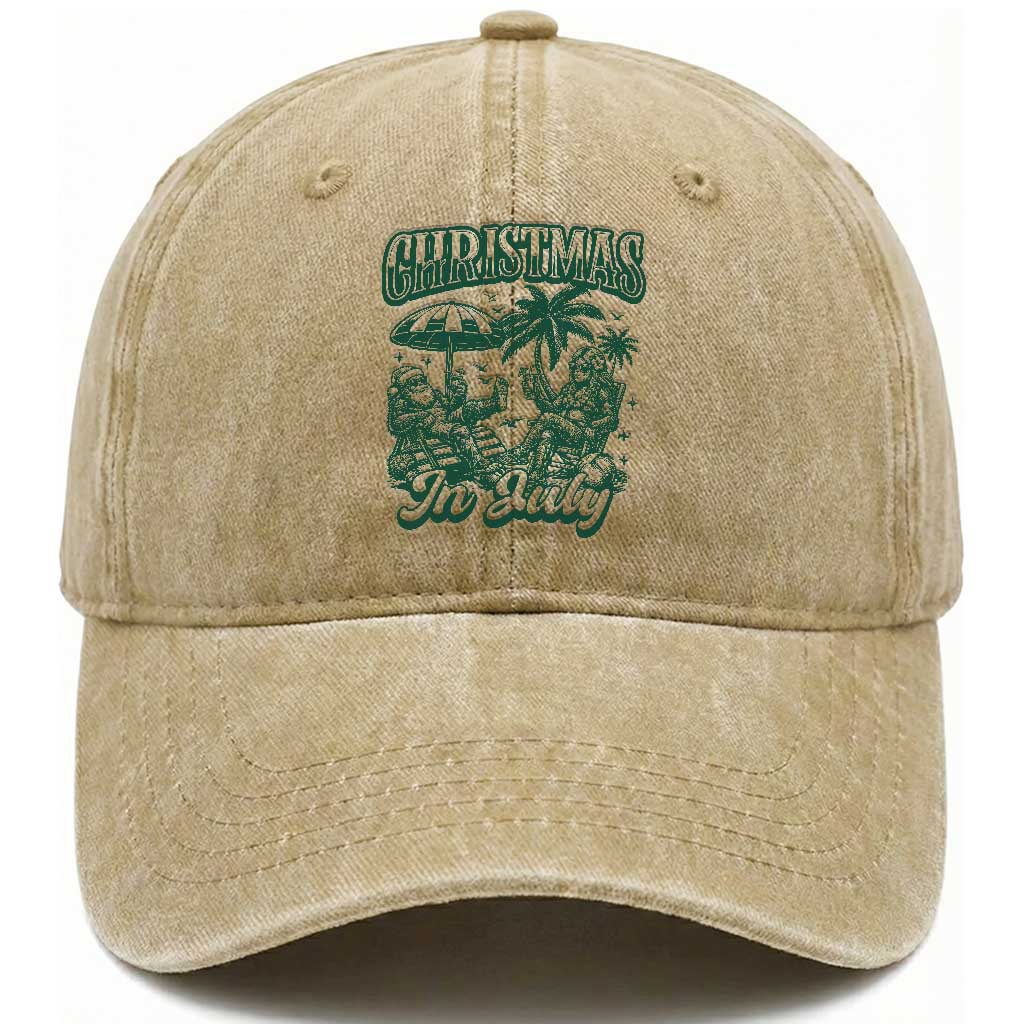 Vintage Summer Christmas Bigfoot Couple Washed Cotton Baseball Cap Tropical Xmas Graphic
