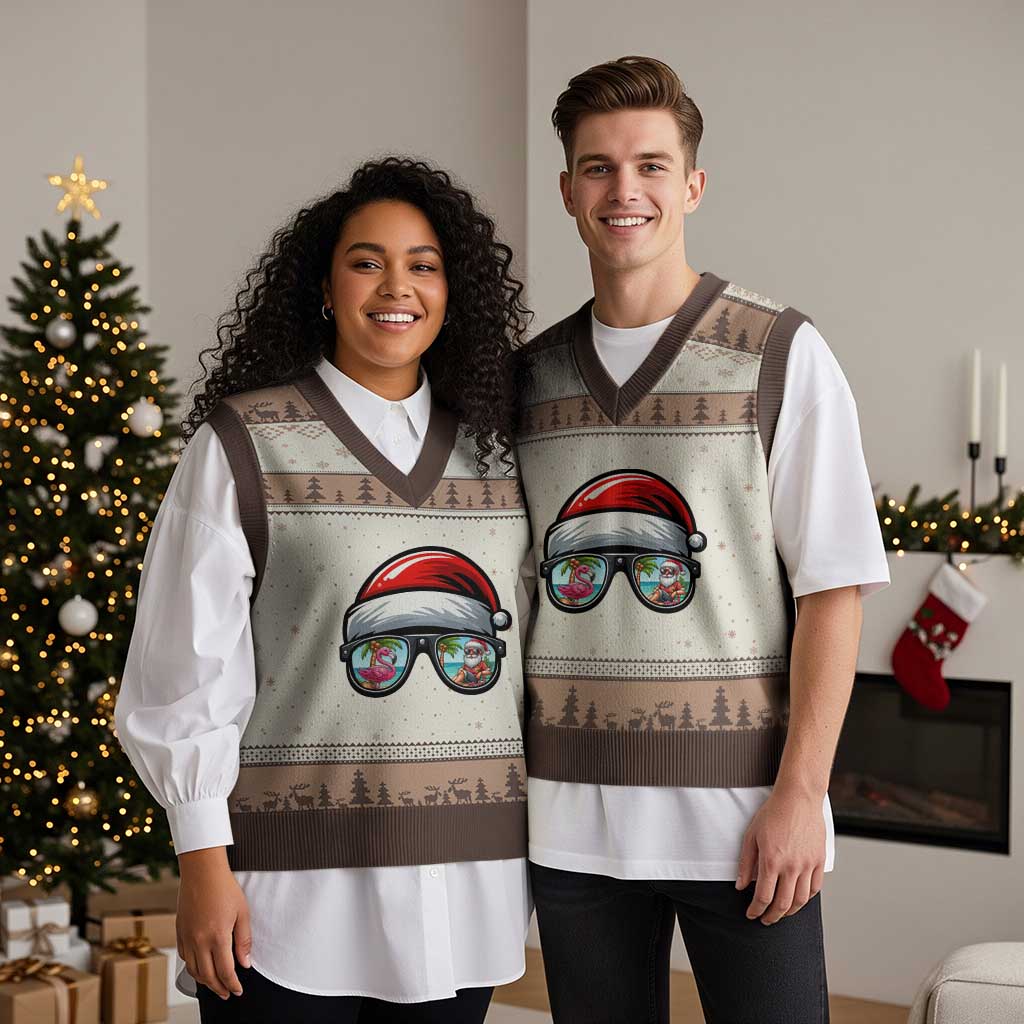 Funny Santa Sunglasses V-Neck Knit Sweater Vest Beach Christmas Vacation Graphic