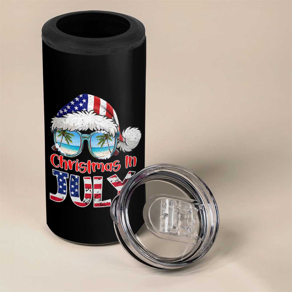 Christmas In July 4 in 1 Can Cooler Tumbler Patriotic USA Sunglasses Graphic