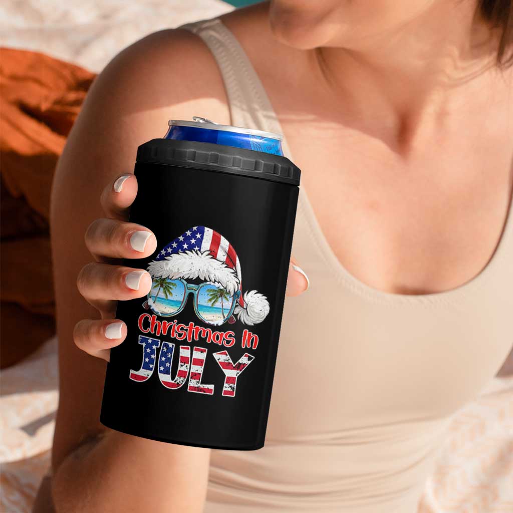 Christmas In July 4 in 1 Can Cooler Tumbler Patriotic USA Sunglasses Graphic