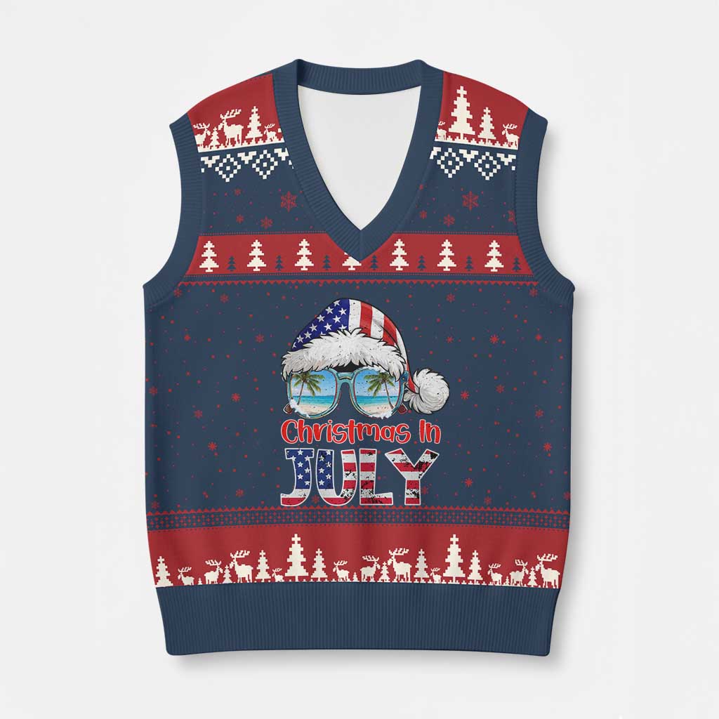 Christmas In July V-Neck Knit Sweater Vest Patriotic USA Sunglasses Graphic