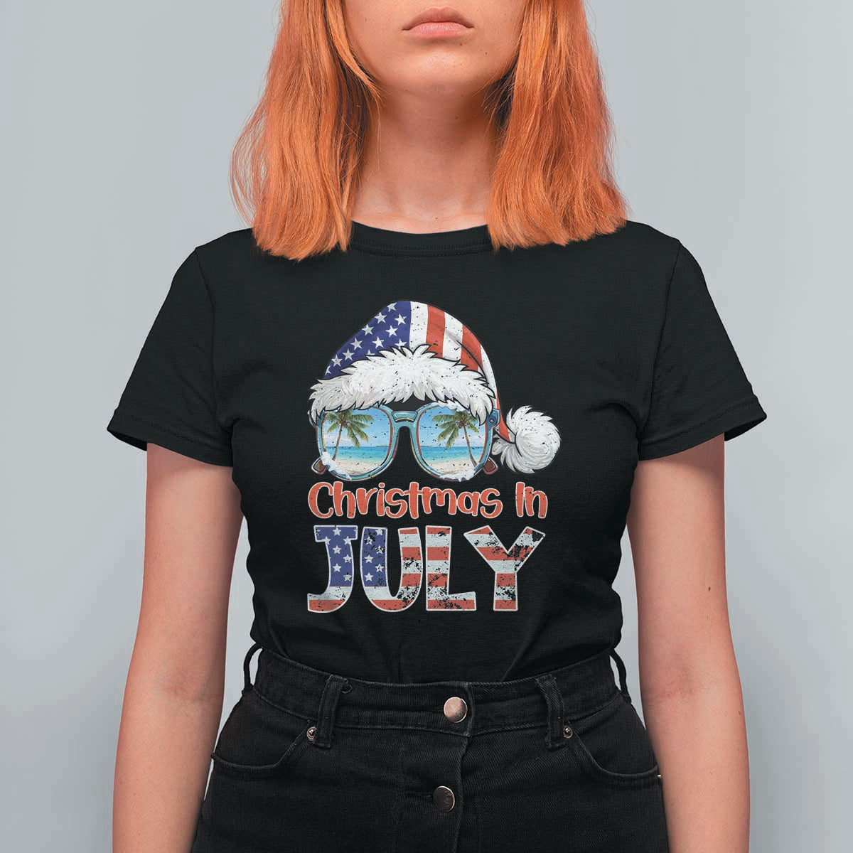 Christmas In July T Shirt For Women Patriotic USA Sunglasses Graphic