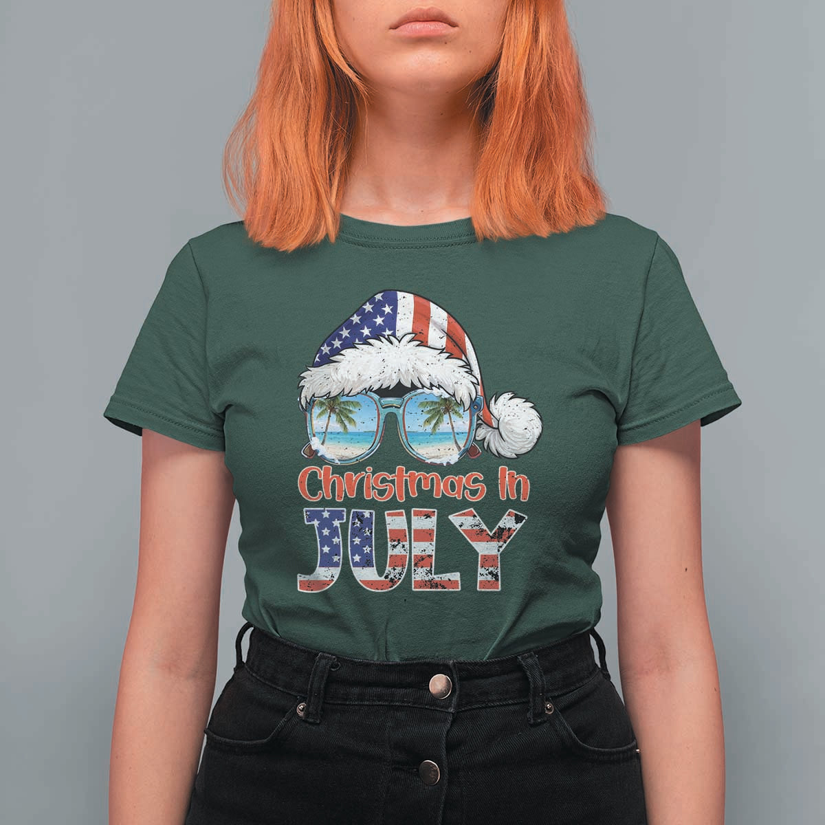 Christmas In July T Shirt For Women Patriotic USA Sunglasses Graphic