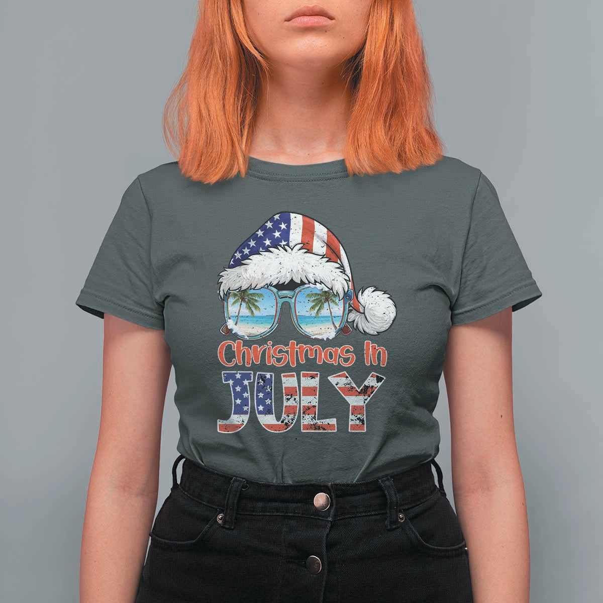 Christmas In July T Shirt For Women Patriotic USA Sunglasses Graphic