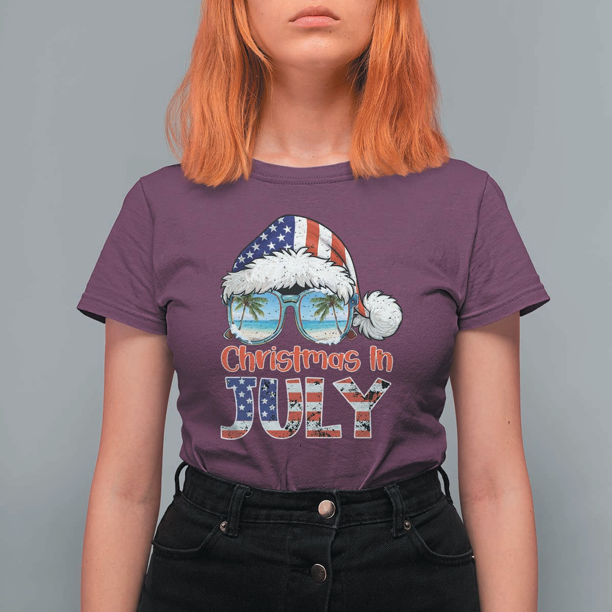 Christmas In July T Shirt For Women Patriotic USA Sunglasses Graphic