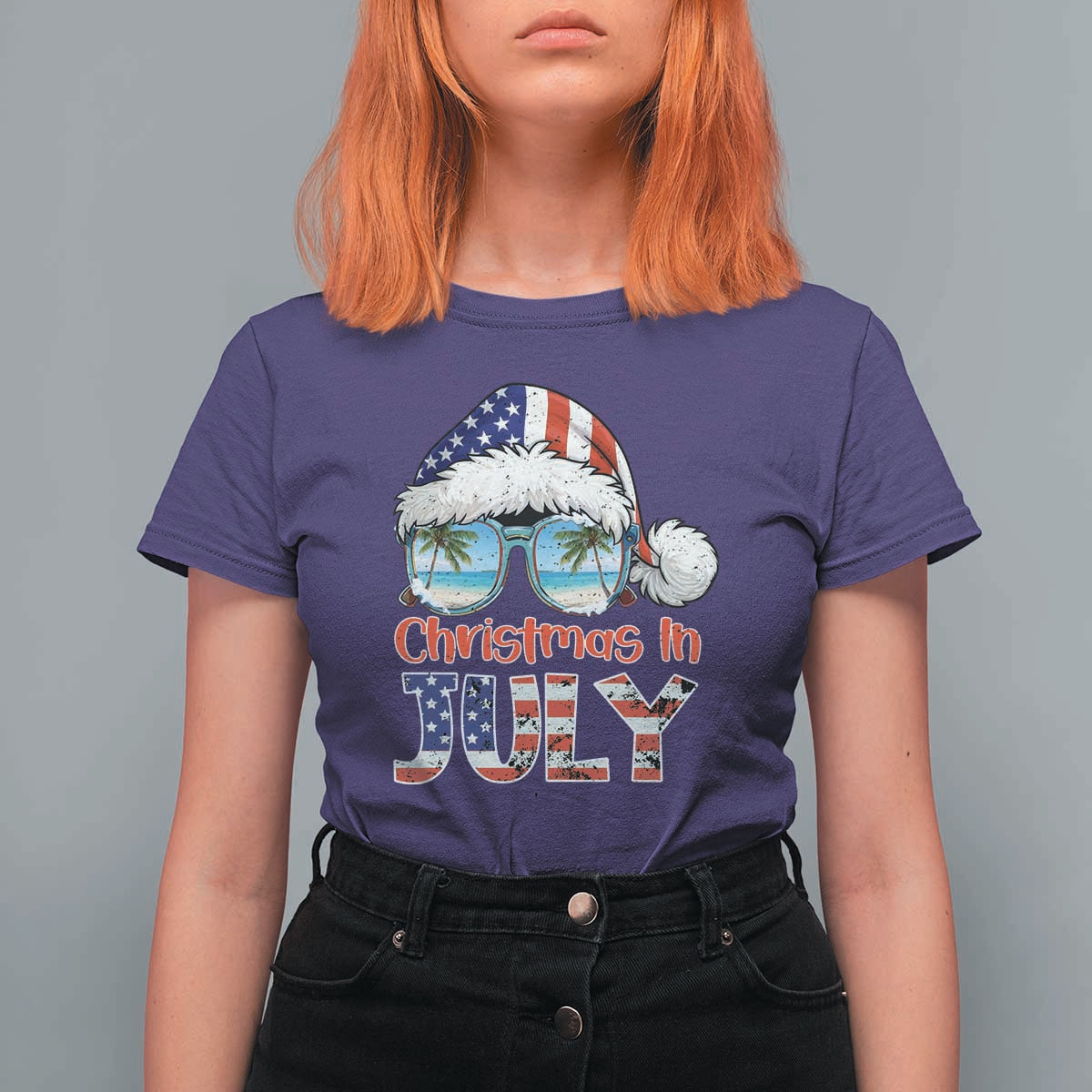 Christmas In July T Shirt For Women Patriotic USA Sunglasses Graphic