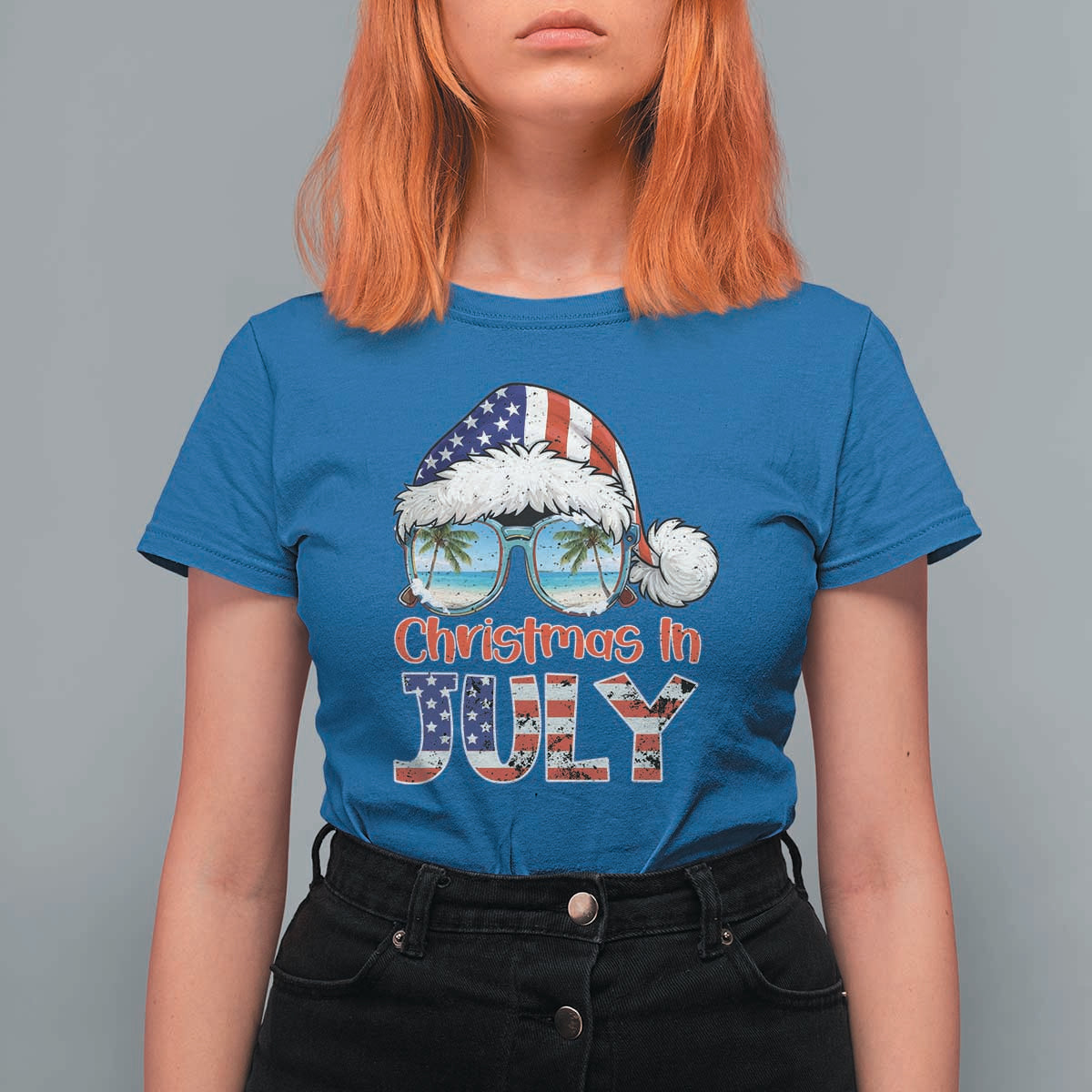 Christmas In July T Shirt For Women Patriotic USA Sunglasses Graphic