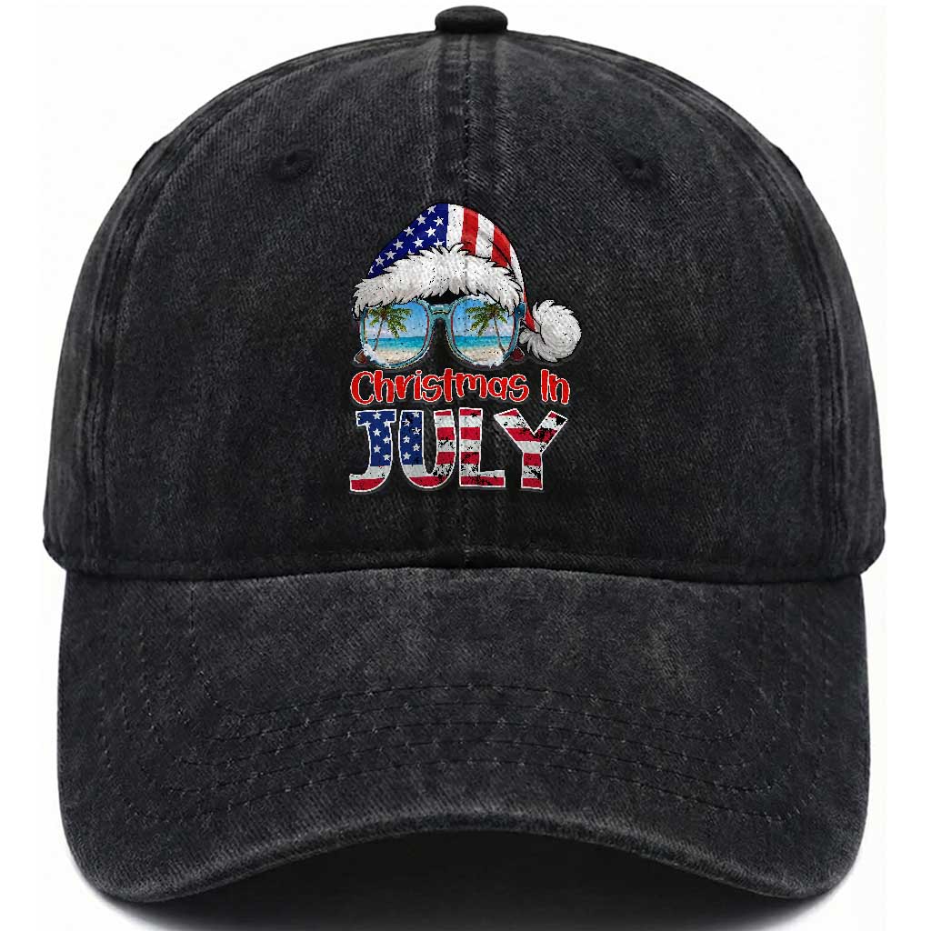 Christmas In July Washed Cotton Baseball Cap Patriotic USA Sunglasses Graphic
