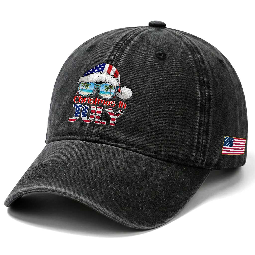 Christmas In July Washed Cotton Baseball Cap Patriotic USA Sunglasses Graphic
