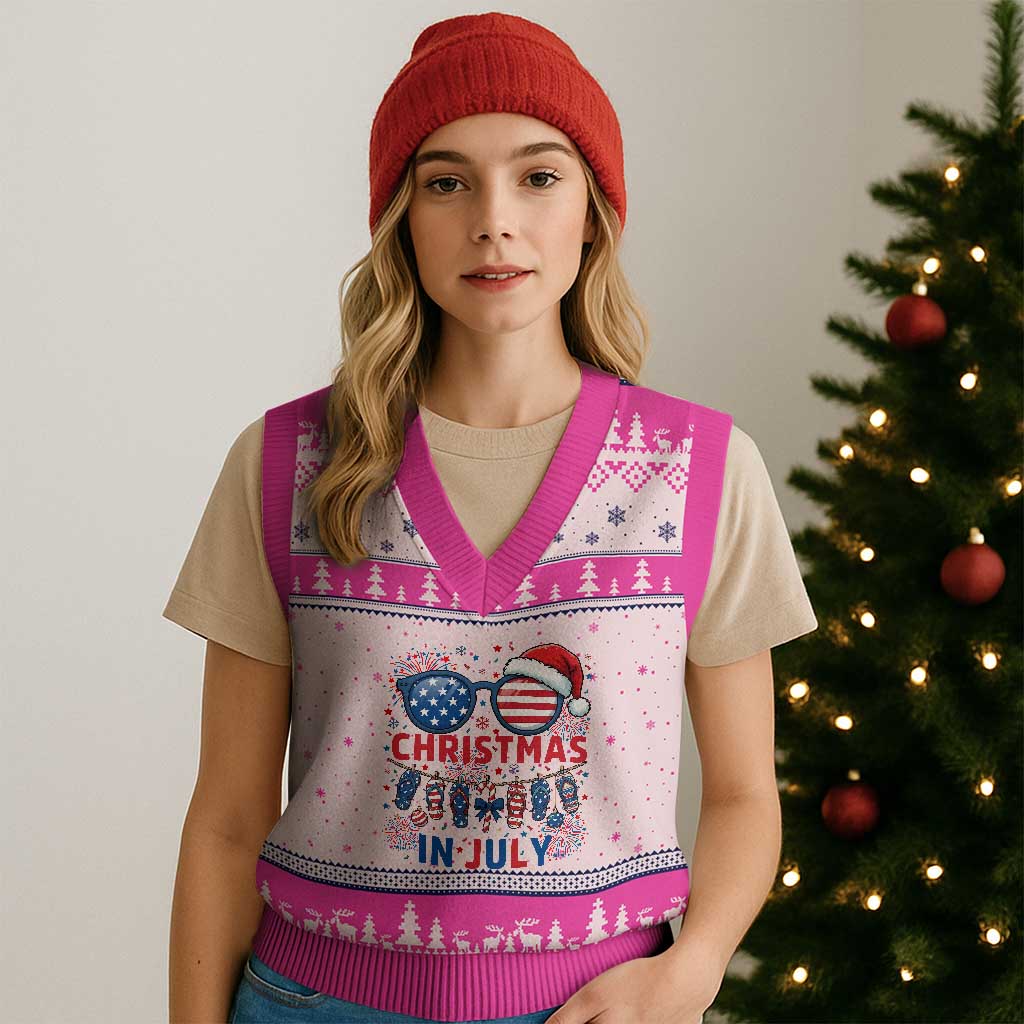 Patriotic USA Sunglasses Christmas In July Graphic V-Neck Knit Sweater Vest