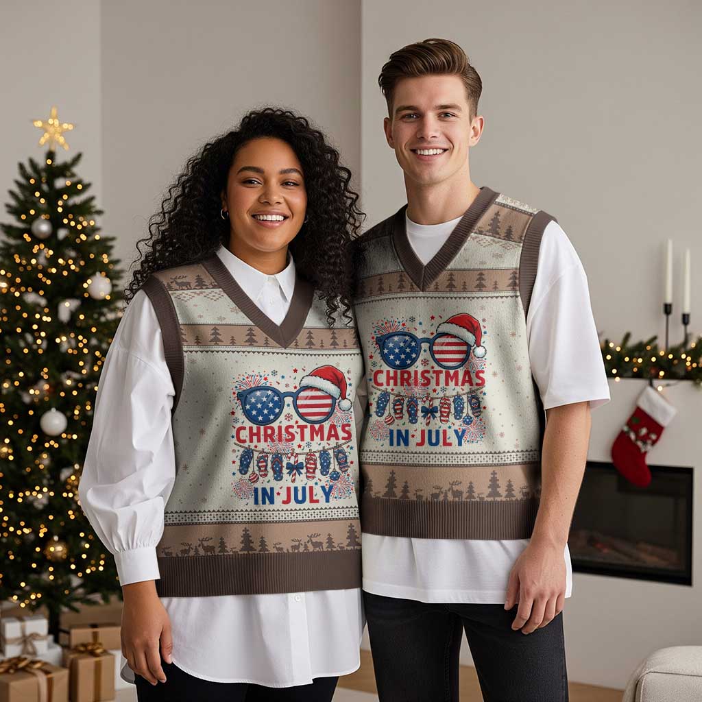Patriotic USA Sunglasses Christmas In July Graphic V-Neck Knit Sweater Vest