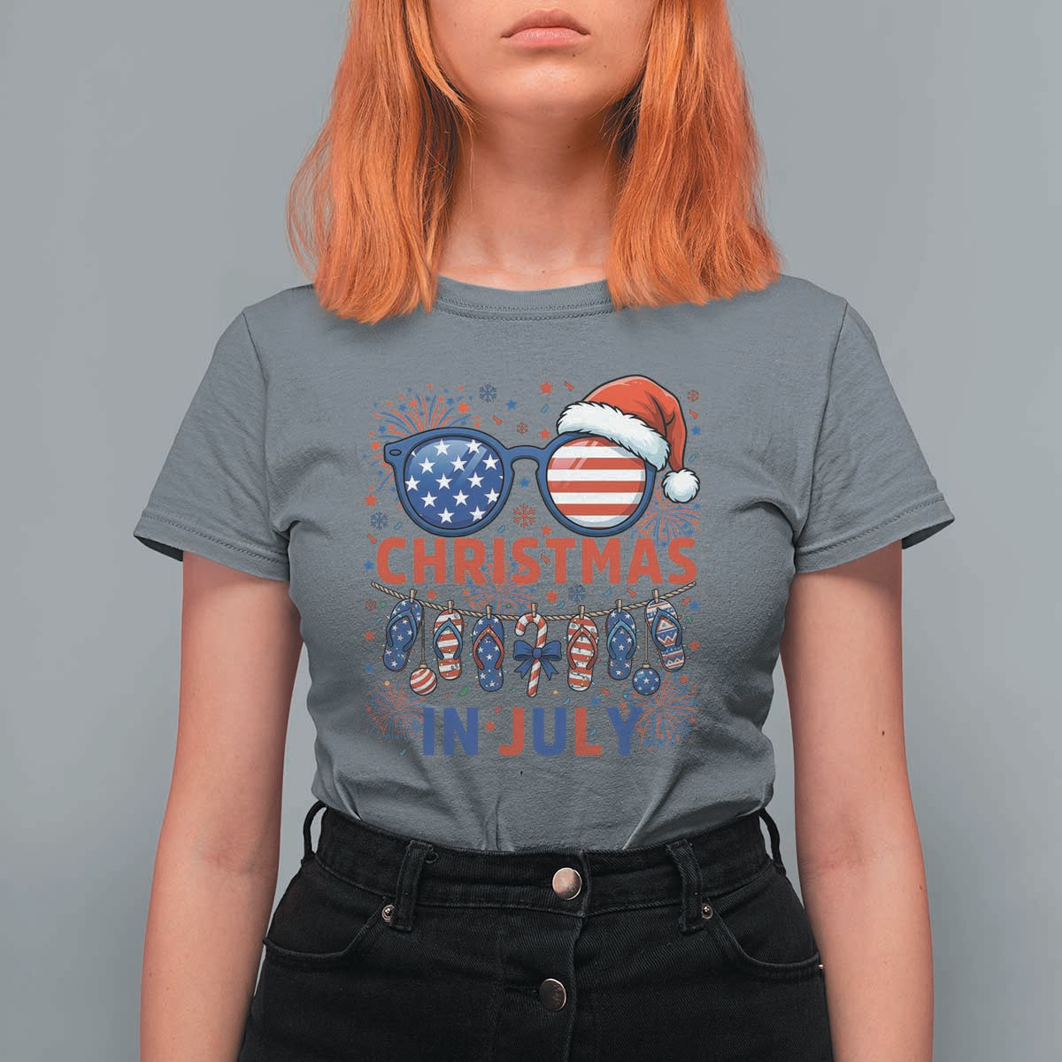Patriotic USA Sunglasses Christmas In July Graphic T Shirt For Women
