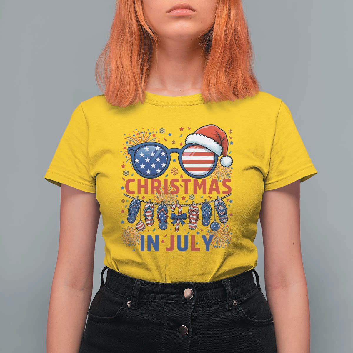 Patriotic USA Sunglasses Christmas In July Graphic T Shirt For Women
