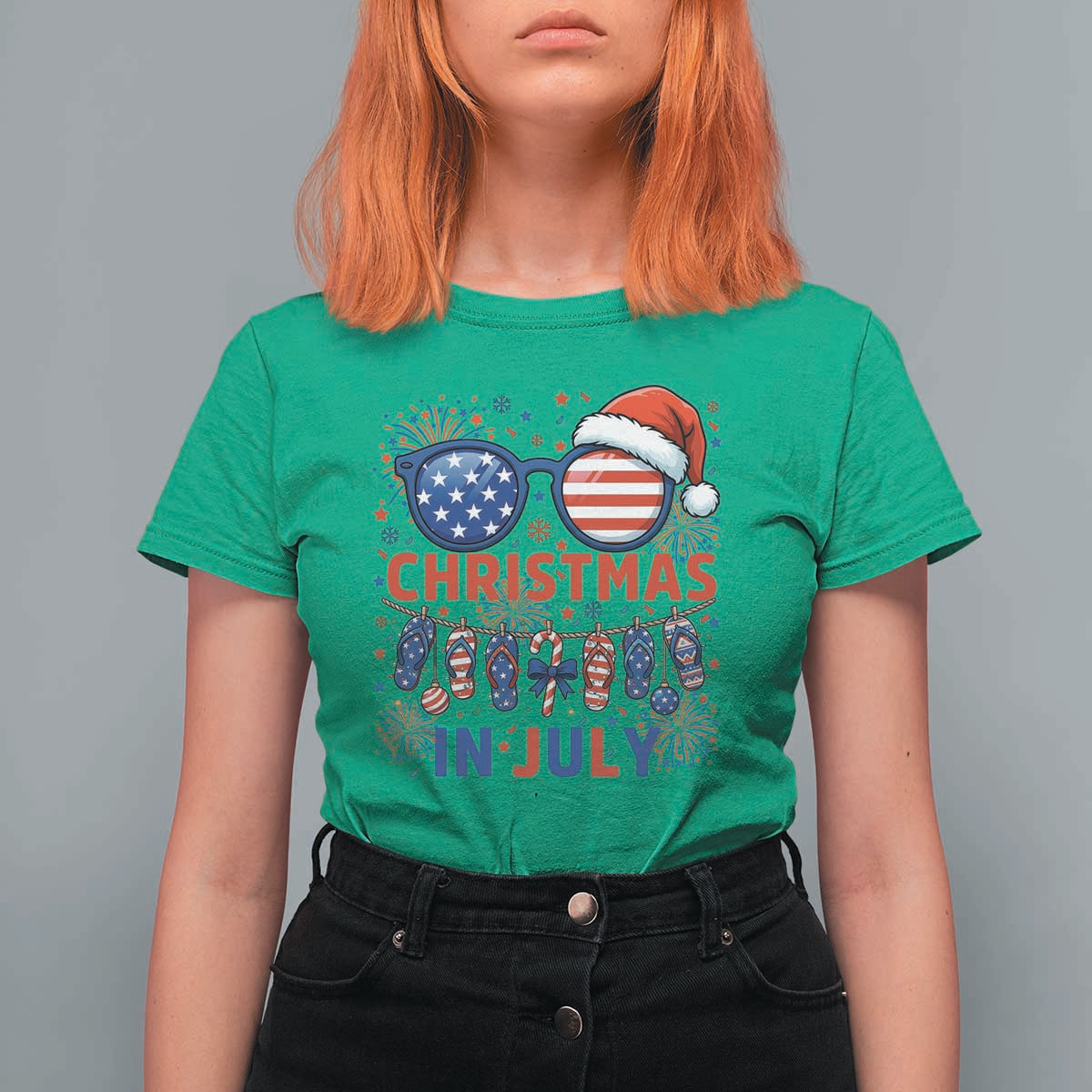 Patriotic USA Sunglasses Christmas In July Graphic T Shirt For Women