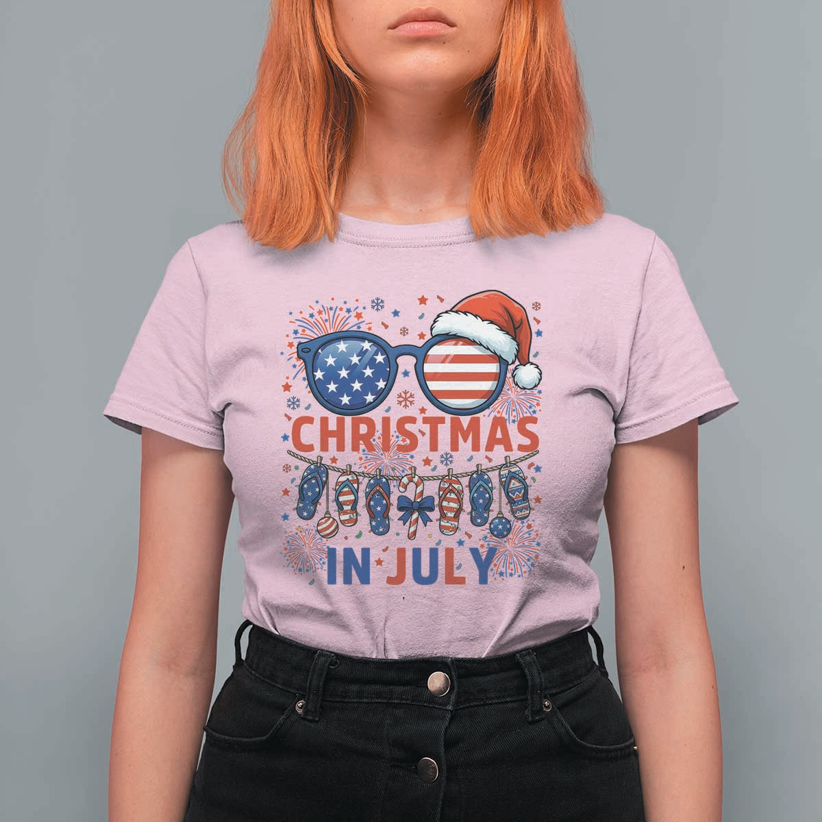 Patriotic USA Sunglasses Christmas In July Graphic T Shirt For Women