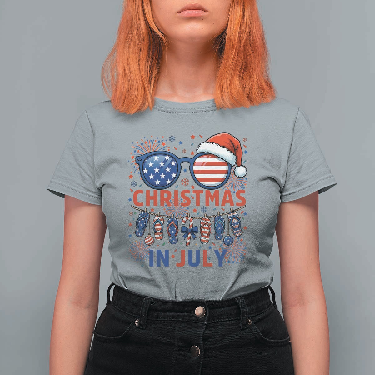 Patriotic USA Sunglasses Christmas In July Graphic T Shirt For Women