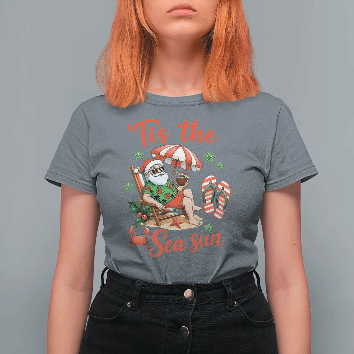 Funny Santa Christmas In July Graphic T Shirt For Women Tis The Sea Sun