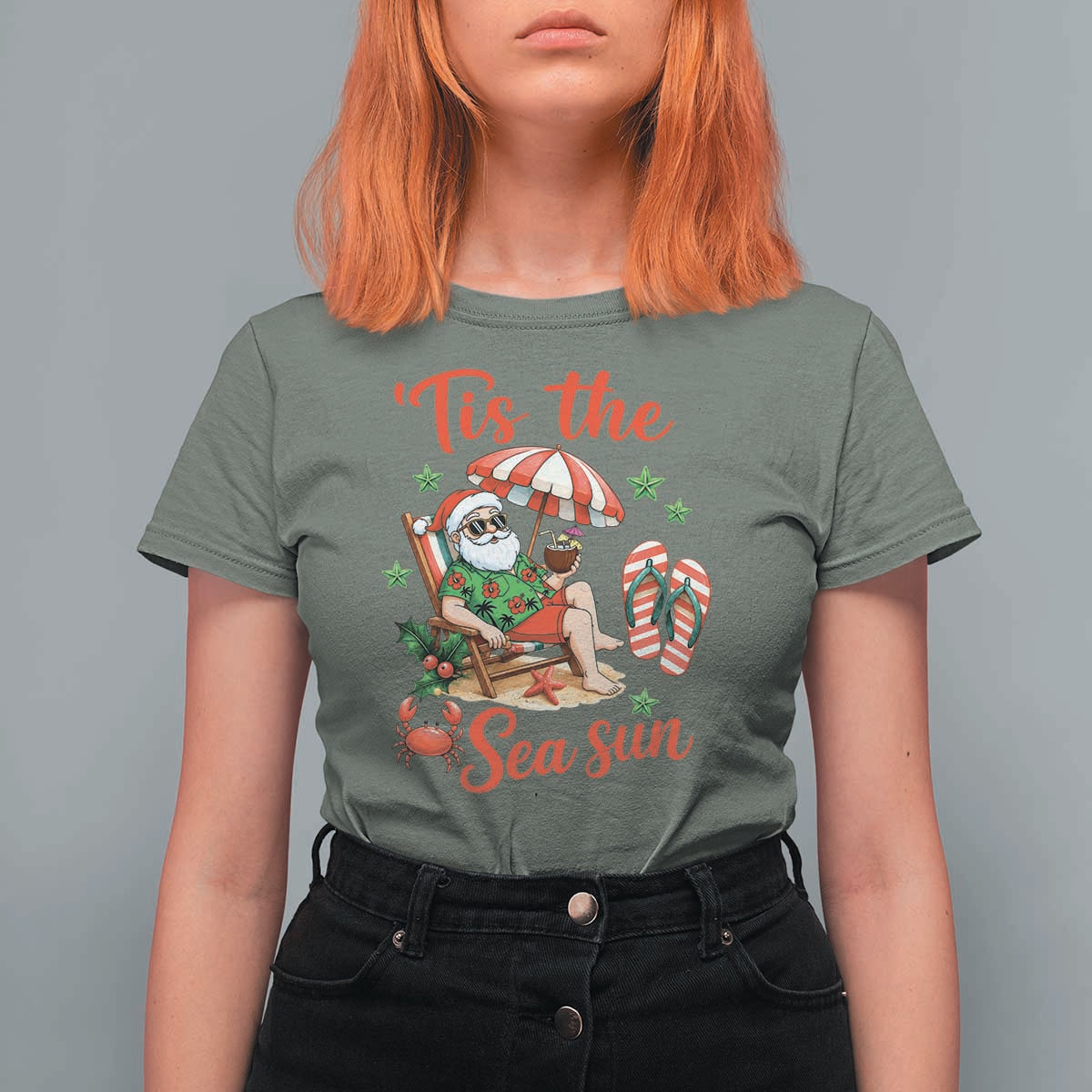 Funny Santa Christmas In July Graphic T Shirt For Women Tis The Sea Sun