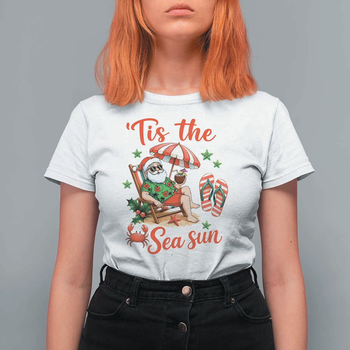 Funny Santa Christmas In July Graphic T Shirt For Women Tis The Sea Sun