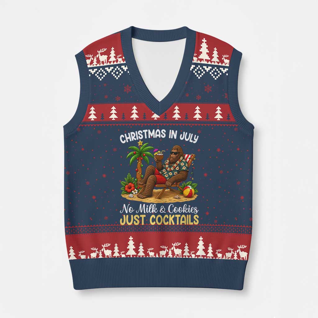 Funny Christmas In July Bigfoot V-Neck Knit Sweater Vest No Milk And Cookies Just Cocktails