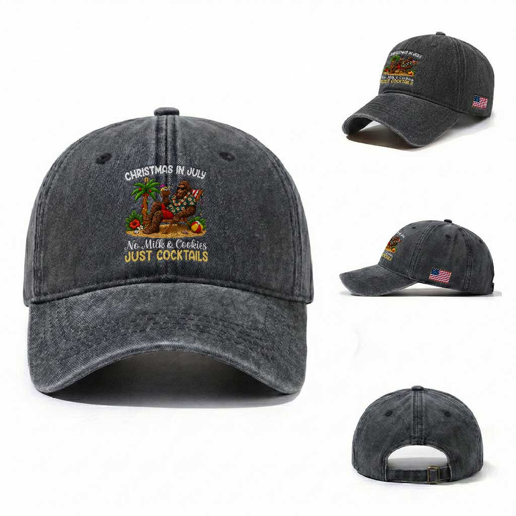 Funny Christmas In July Bigfoot Washed Cotton Baseball Cap No Milk And Cookies Just Cocktails