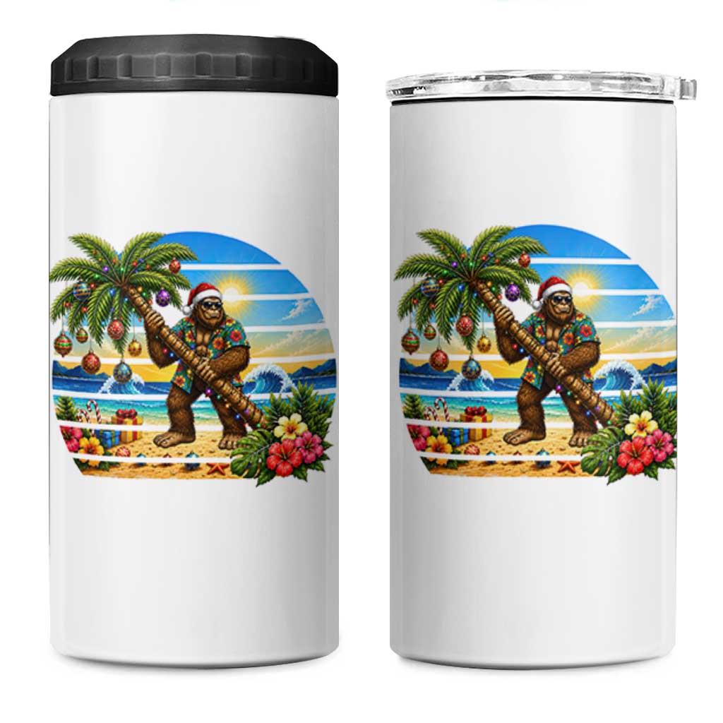 Funny Christmas In July Bigfoot 4 in 1 Can Cooler Tumbler Tropical Vacation Graphic