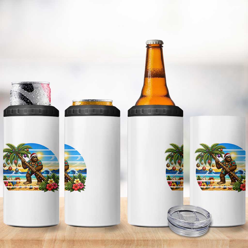 Funny Christmas In July Bigfoot 4 in 1 Can Cooler Tumbler Tropical Vacation Graphic