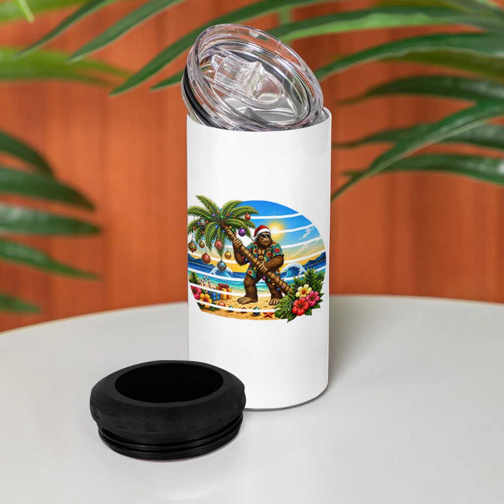 Funny Christmas In July Bigfoot 4 in 1 Can Cooler Tumbler Tropical Vacation Graphic