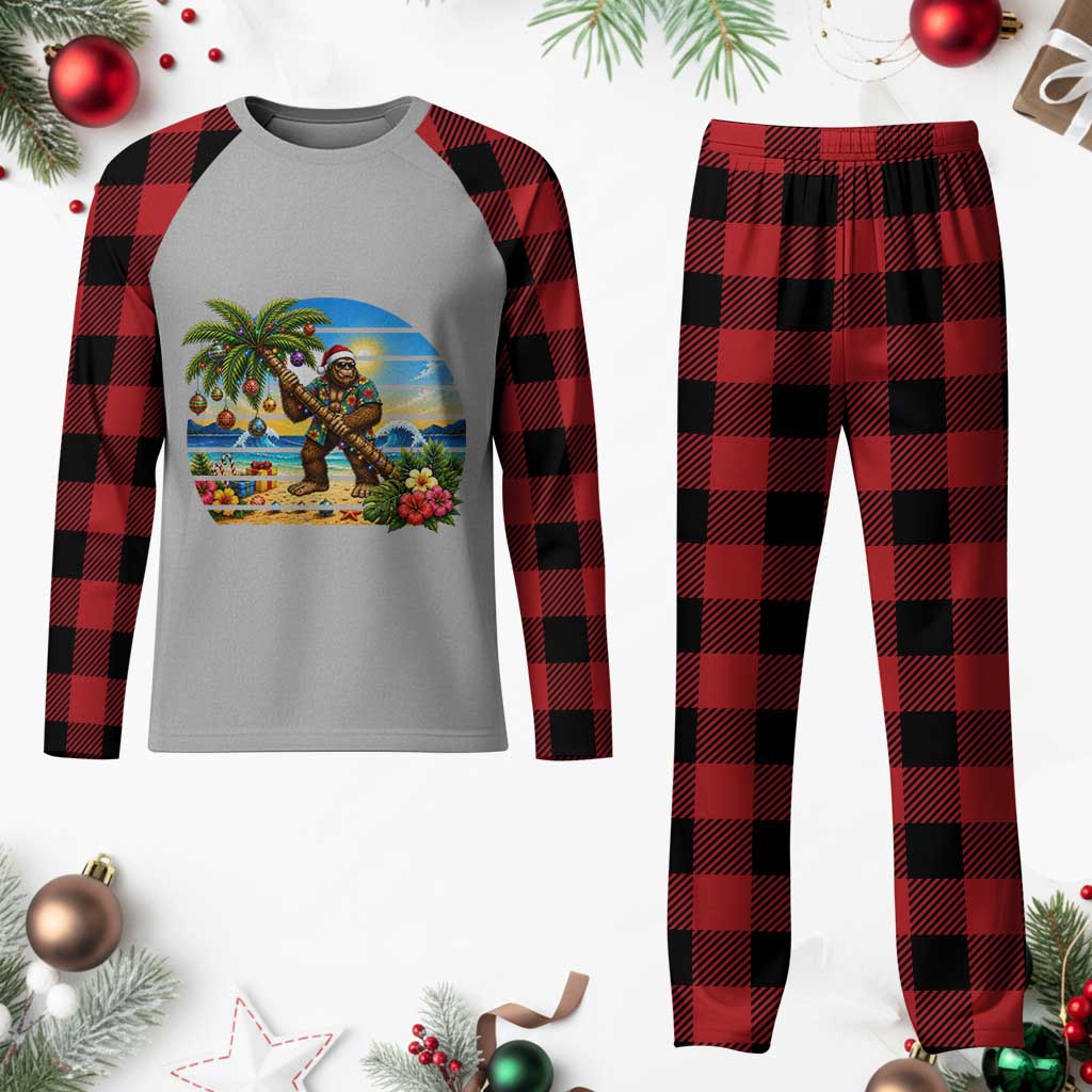 Funny Christmas In July Bigfoot Plaid Pajama Set Tropical Vacation Graphic
